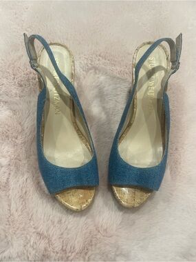 Stuart Weitzman Denim Blue Cork Slingback Wedges